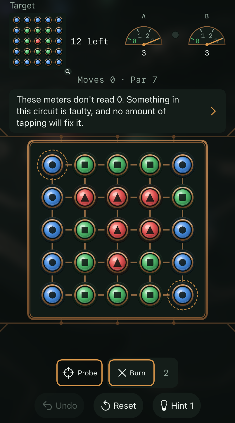 A lesson explaining that the meters don't read 0, so the circuit has a fault no amount of tapping will fix
